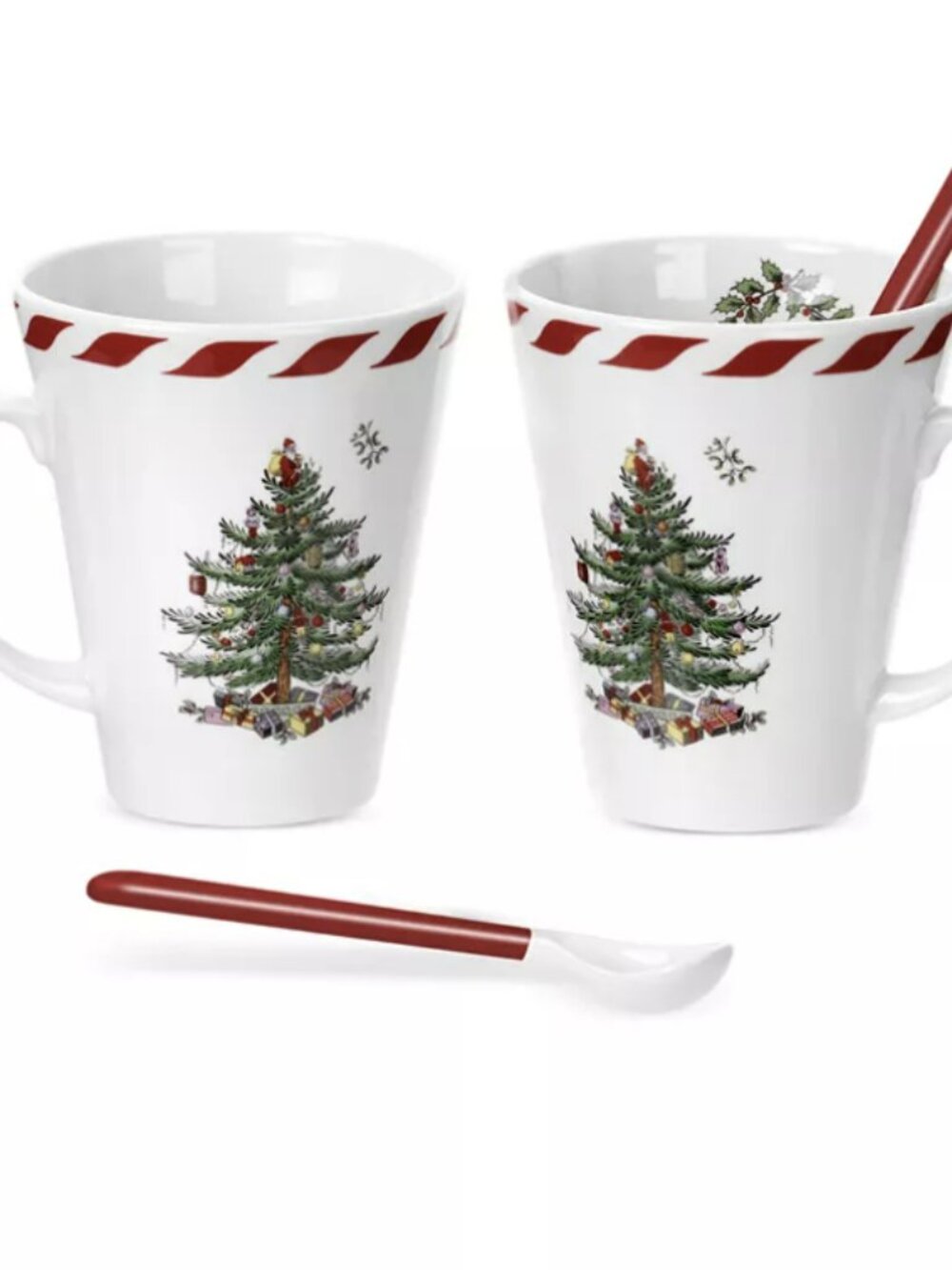 Spode Set of 2 Christmas Tree Peppermint Mugs with Spoons